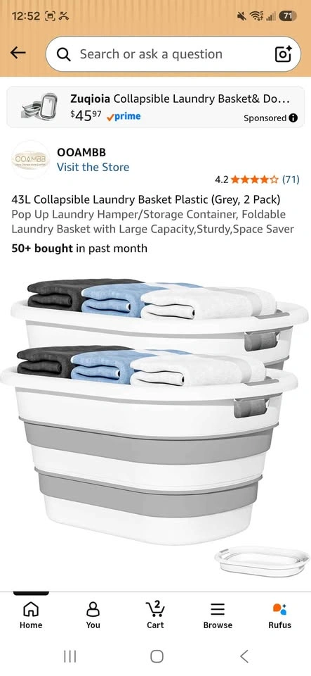 Collapsible Laundry Basket Plastic (Grey, 2 Pack) NEW - photo 2