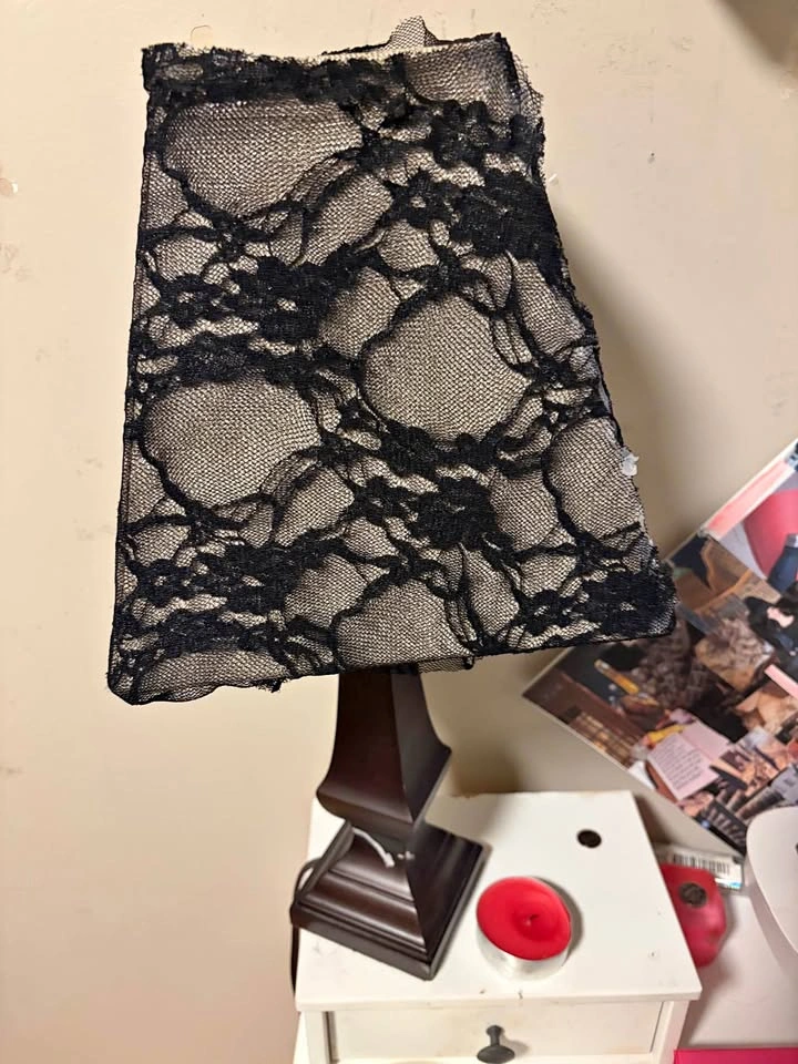 Dark Wood Base Table Lamp with Black Lace Shade