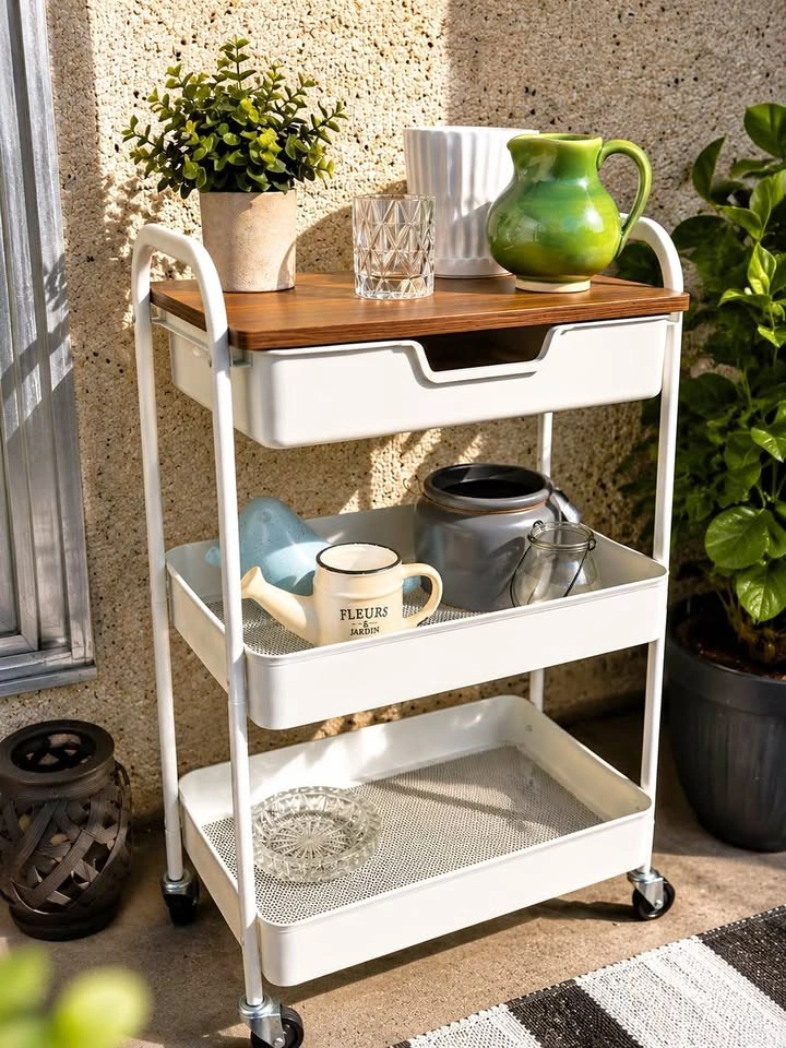 White 3-Tier Rolling Utility Cart with Wood Top