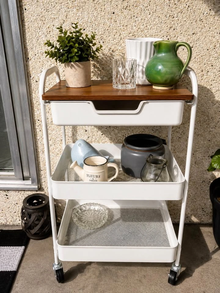 White 3-Tier Rolling Utility Cart with Wood Top - photo 2