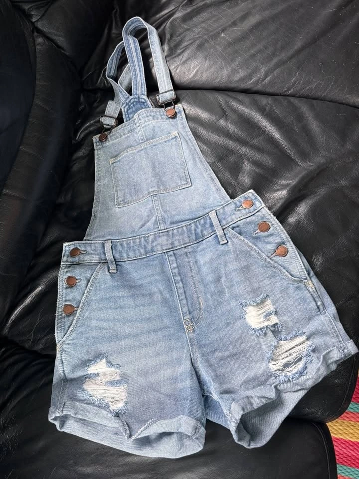 Hollister Vintage Stretch Denim Overalls Shorts XS Light Wash - photo 3
