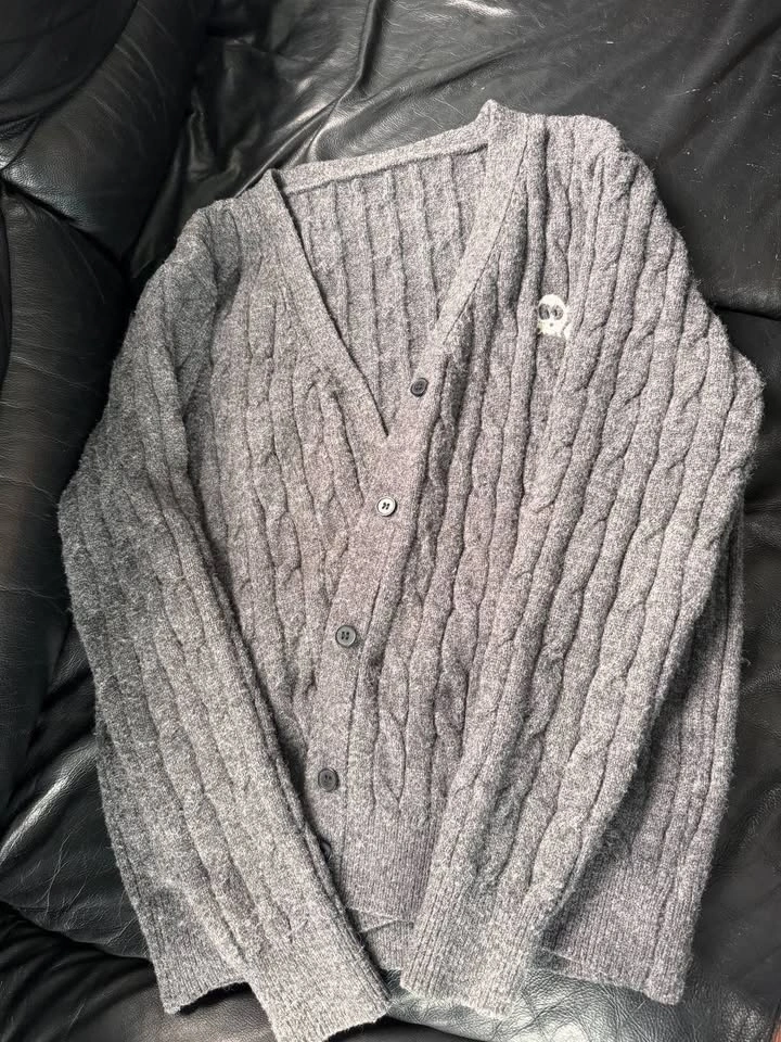 Womens Large Gray Cable Knit Scalloped V-Neck Cardigan Sweater L - photo 4