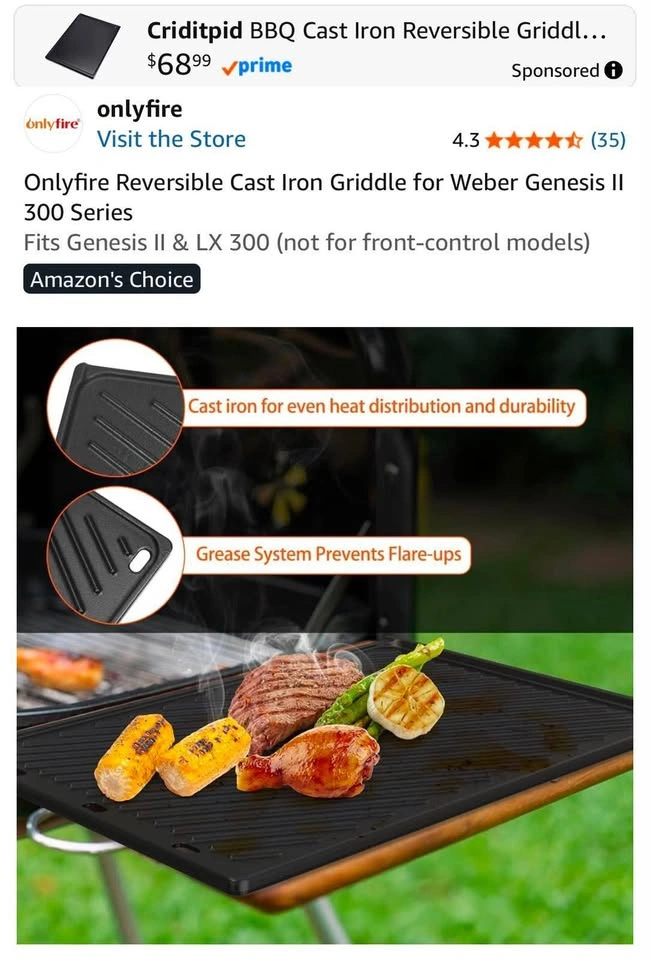 Onlyfire Reversible Cast Iron Griddle for Weber Genesis II 300 S - photo 3