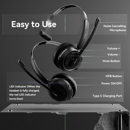 Wireless Headset with Mic for Work, Bluetooth Noise Cancelling - photo 2