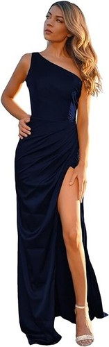 Women's One Shoulder Satin Bridesmaid Dresses Side Slit Long For