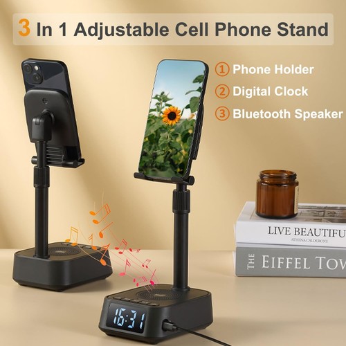 3-in-1 Adjustable Phone Stand with Bluetooth Speaker & Clock - photo 2