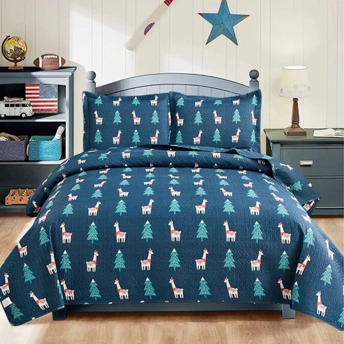3 Piece Kids Twin Size Blue Alpaca Pine Tree Quilt Set