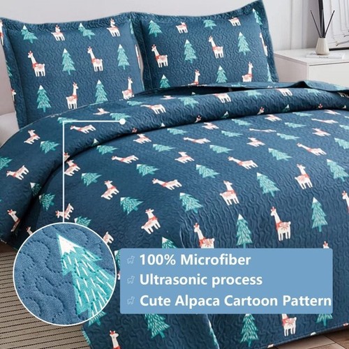 3 Piece Kids Twin Size Blue Alpaca Pine Tree Quilt Set - photo 2