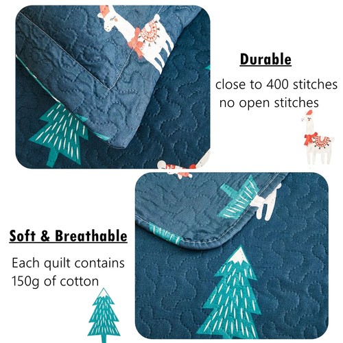 3 Piece Kids Twin Size Blue Alpaca Pine Tree Quilt Set - photo 4
