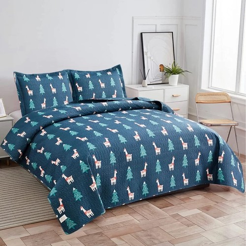 3 Piece Kids Twin Size Blue Alpaca Pine Tree Quilt Set - photo 5