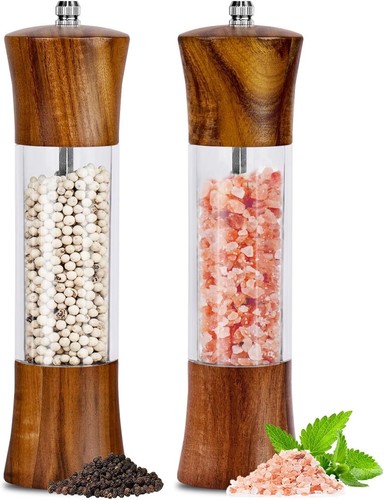 Acacia Wood Premium Acrylic Salt and Pepper Grinder Set 8 Inch