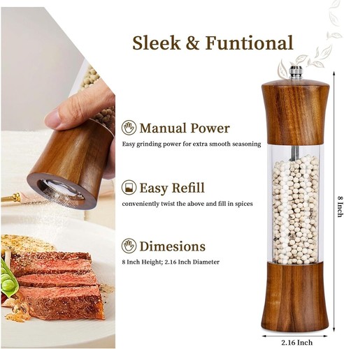 Acacia Wood Premium Acrylic Salt and Pepper Grinder Set 8 Inch - photo 3