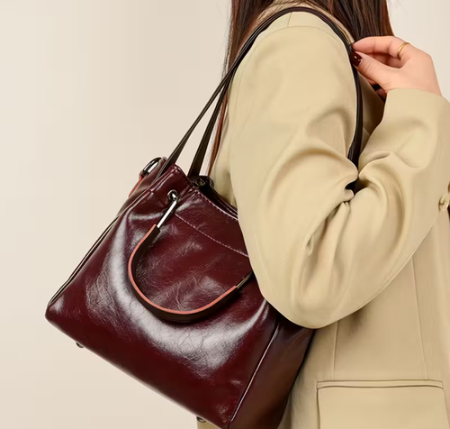 Women's Vintage-Style Burgundy Synthetic Leather Tote Bag - photo 2