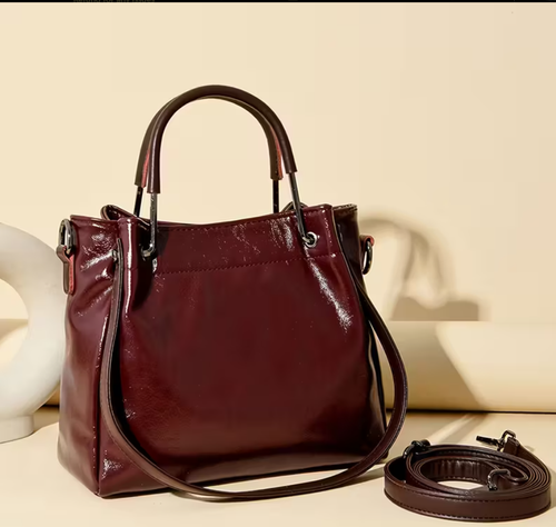 Women's Vintage-Style Burgundy Synthetic Leather Tote Bag - photo 5