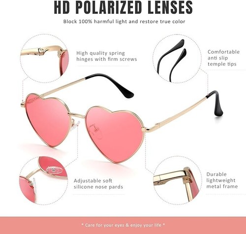 Polarized Heart Sunglasses for Women Cute Trendy Metal Frame