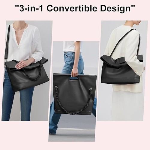 Large Vegan Leather Tote Hobo Crossbody Handbag - Black - photo 2