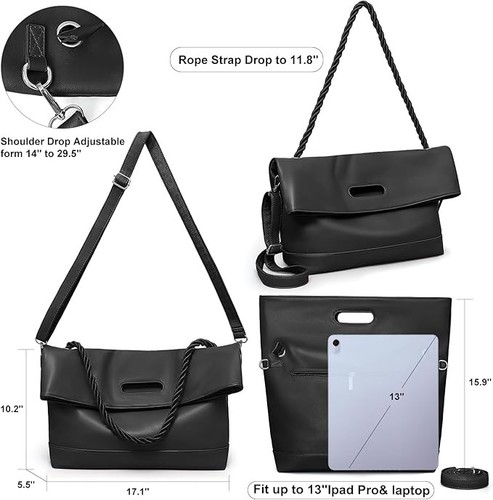 Large Vegan Leather Tote Hobo Crossbody Handbag - Black - photo 3