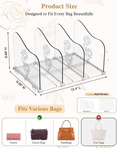 Rose Purse Divider for Closet, 1 Pack Clear Clutch Organizer - photo 2
