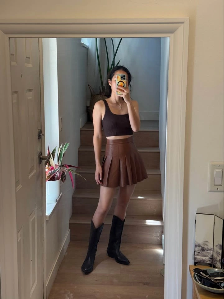 Aritzia Sundeh Brown Faux Leather Pleated Mini Skirt - photo 2