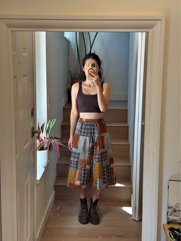 Patchwork Plaid Midi Skirt
