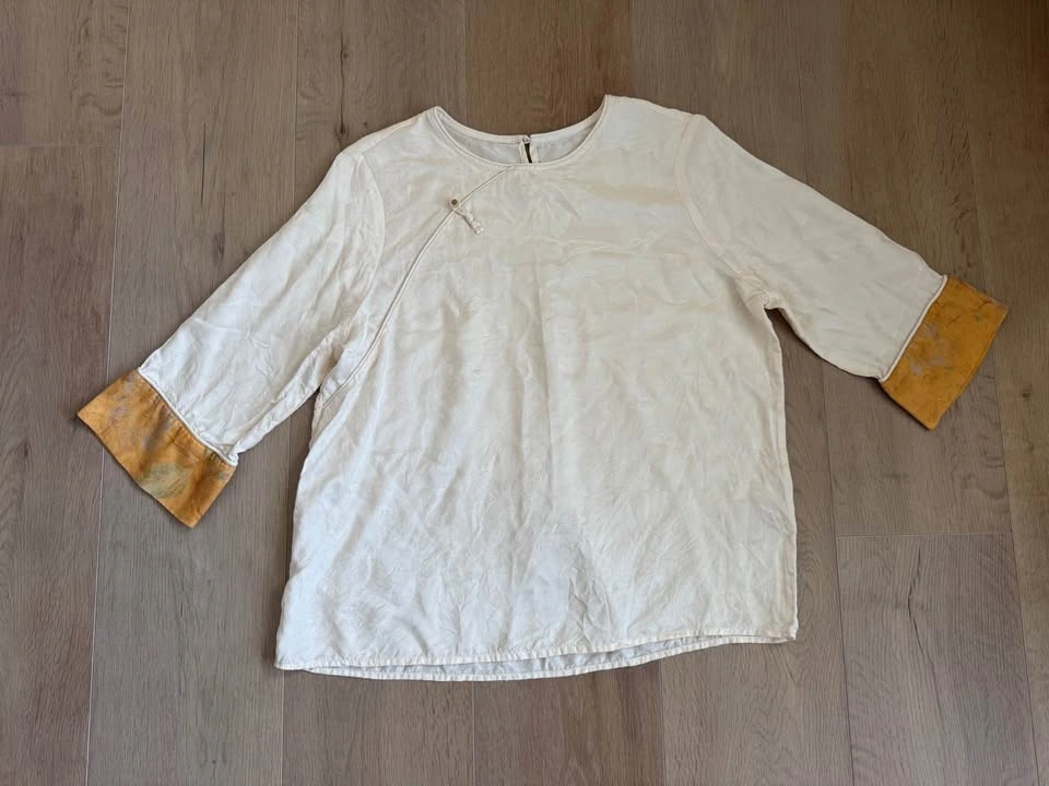 Brand New 100% Cream Silk Jacquard Blouse with Contrast Cuffs - photo 3