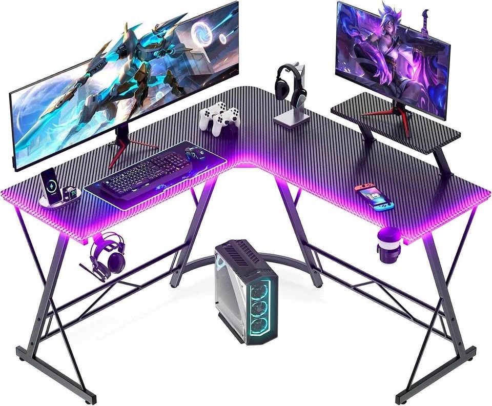 L-Shaped Carbon Fiber Gaming Desk with RGB Lighting