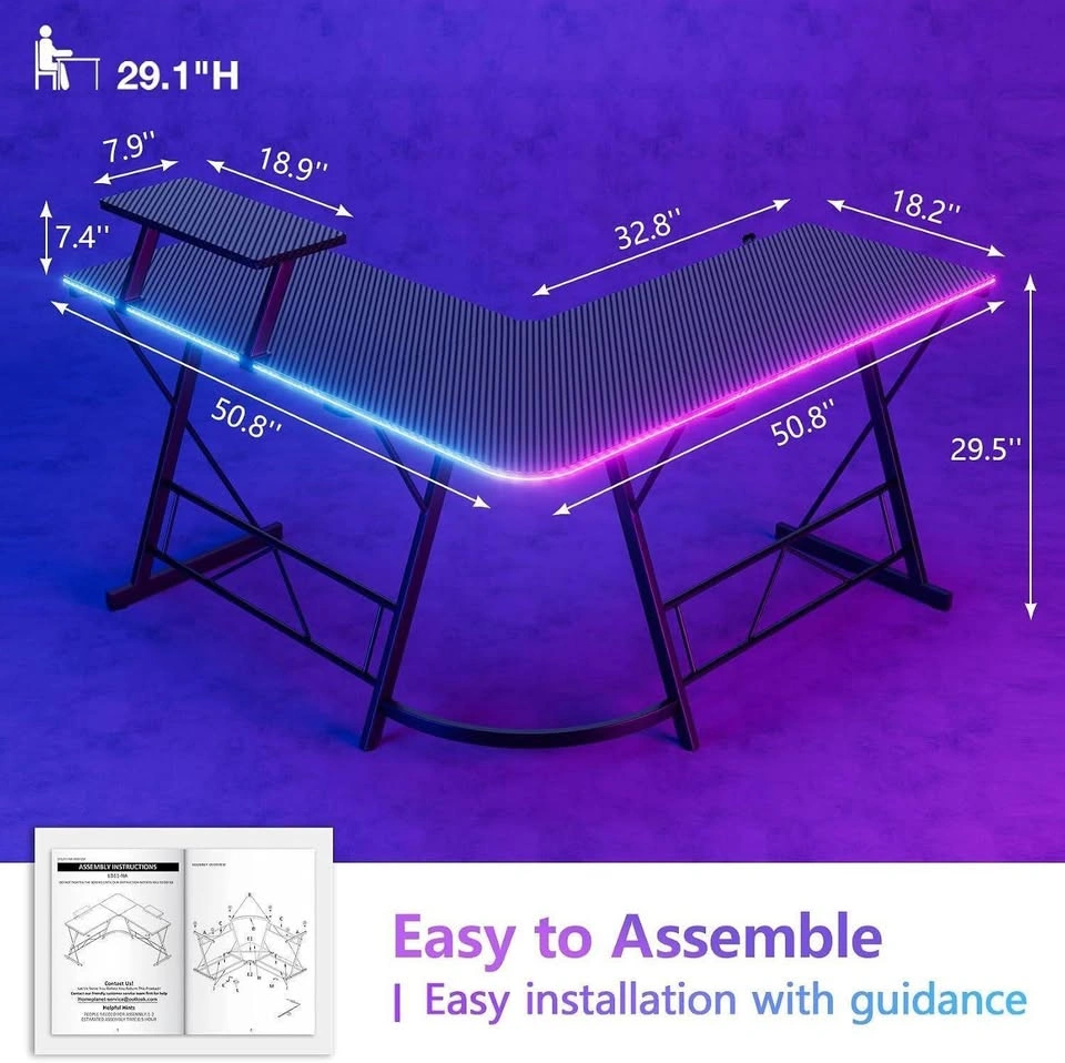 L-Shaped Carbon Fiber Gaming Desk with RGB Lighting - photo 2