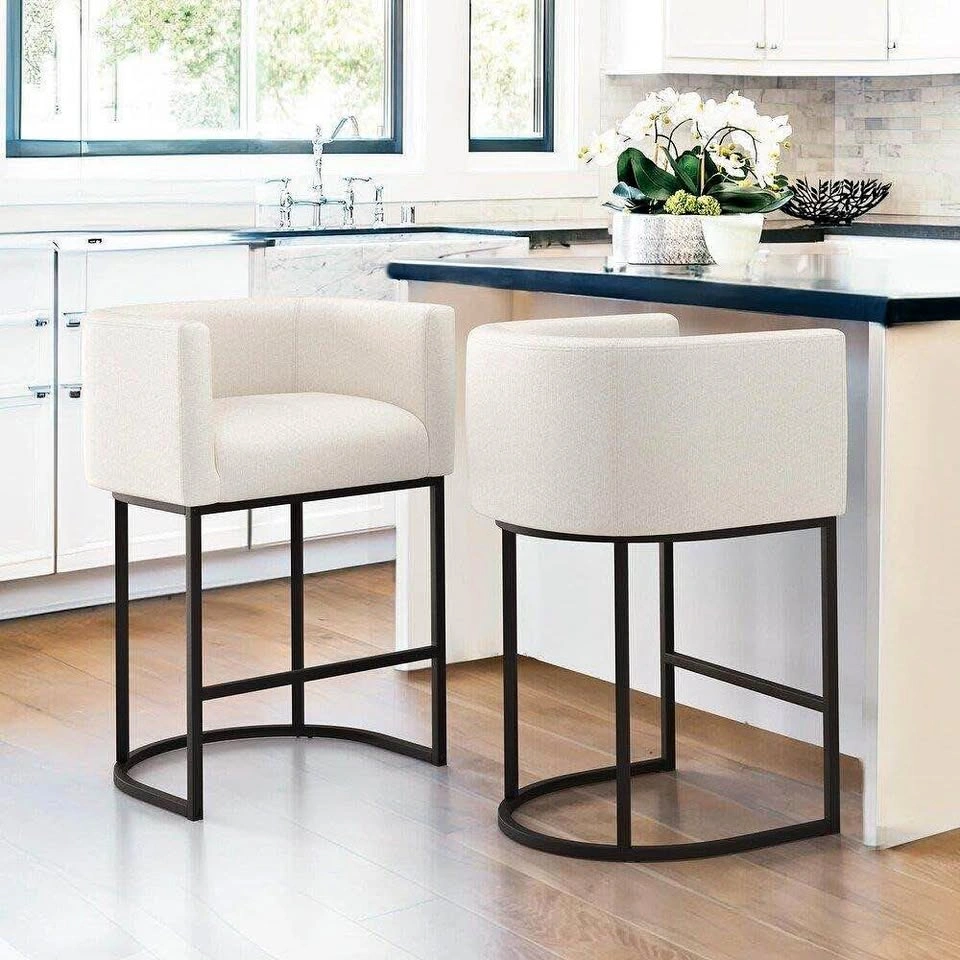 Modern White Barrel Back Counter Stools with Black Metal Frame