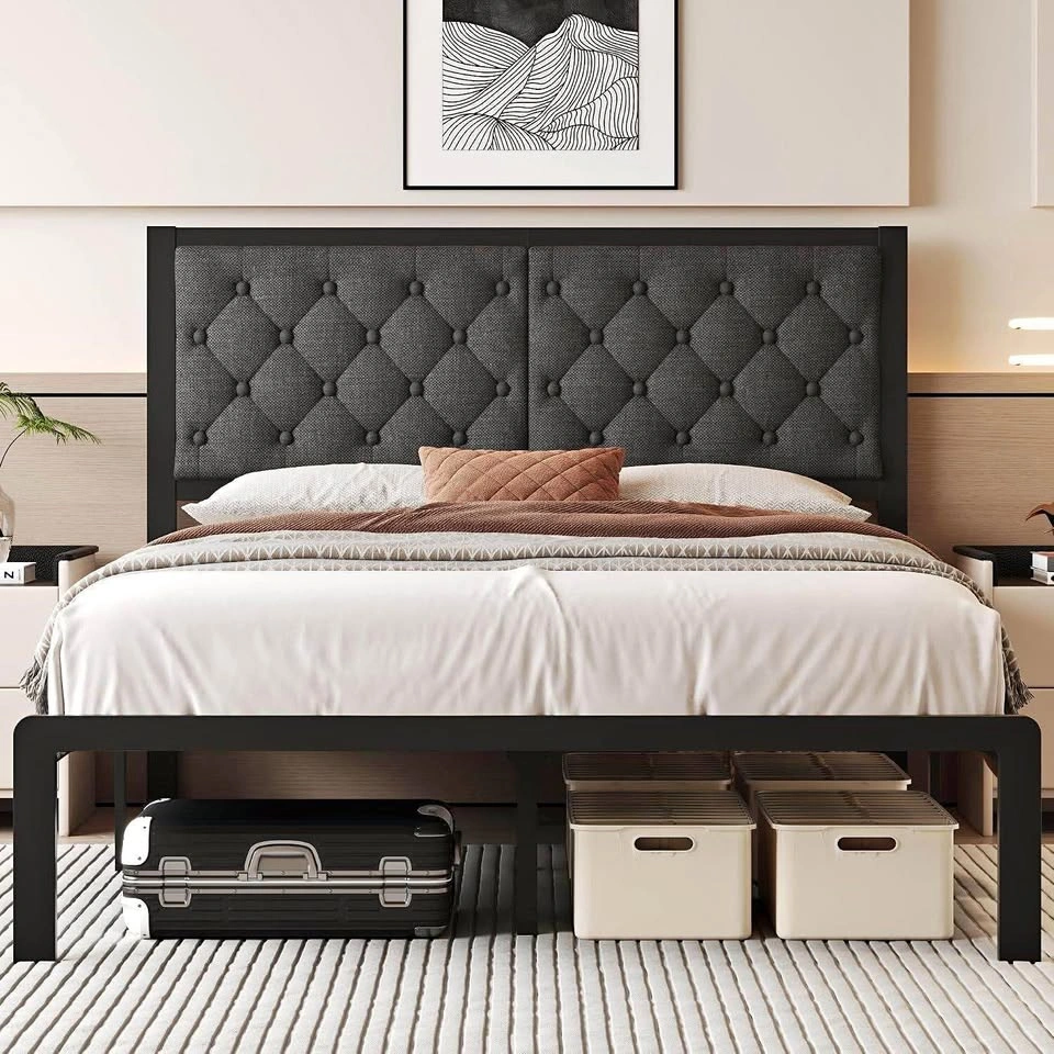 Queen Metal Bed Frame with Tufted Upholstered Headboard