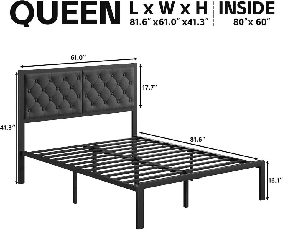 Queen Metal Bed Frame with Tufted Upholstered Headboard - photo 2