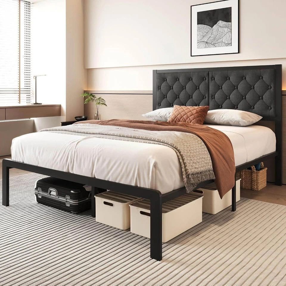Queen Metal Bed Frame with Tufted Upholstered Headboard - photo 3