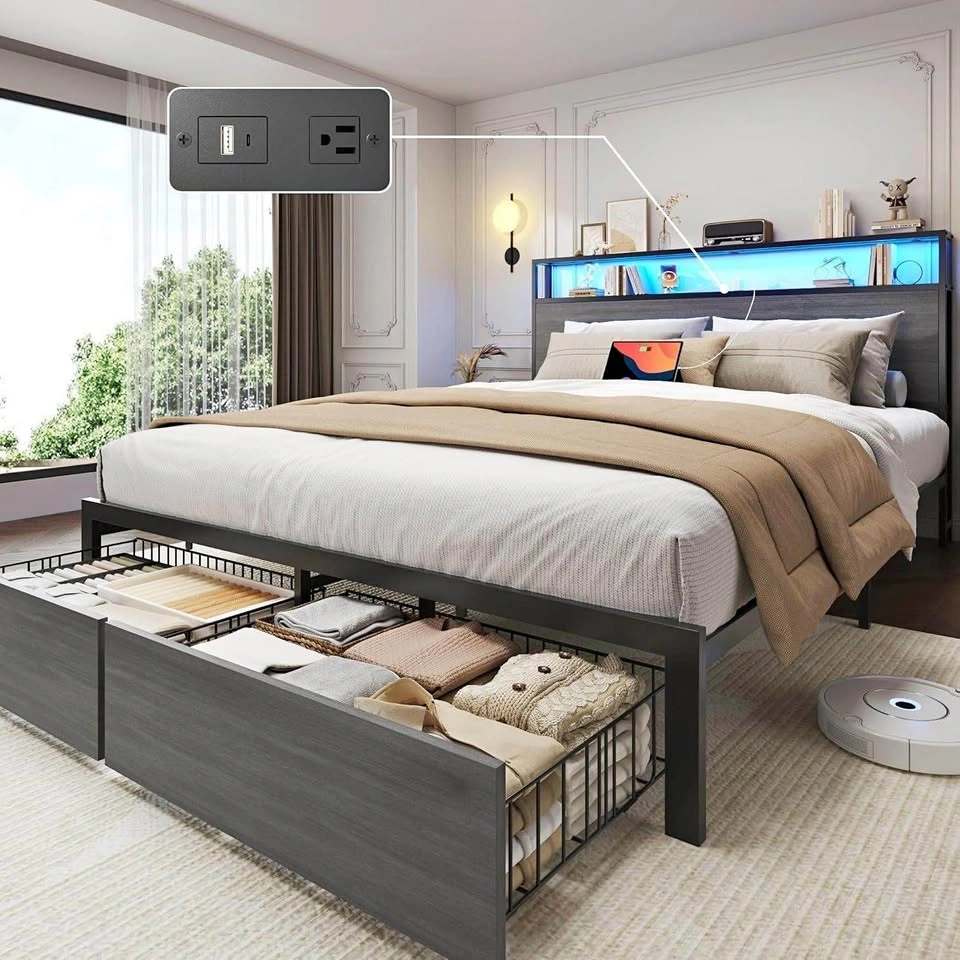 Queen Size Metal Bed Frame with Storage Headboard & LED