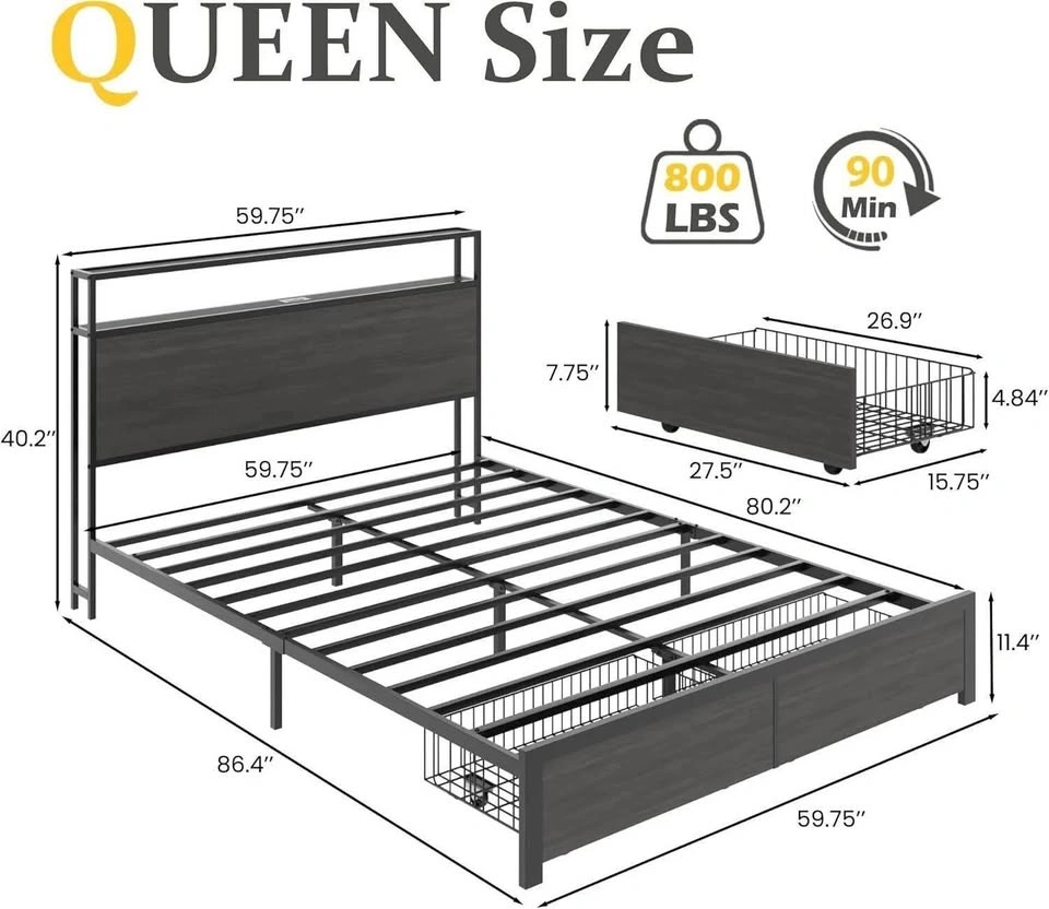 Queen Size Metal Bed Frame with Storage Headboard & LED - photo 2