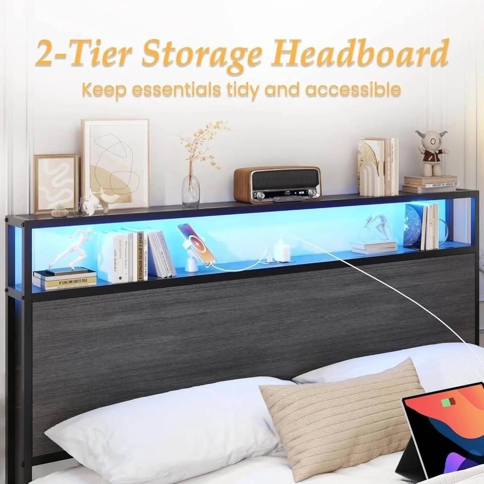 Queen Size Metal Bed Frame with Storage Headboard & LED - photo 3