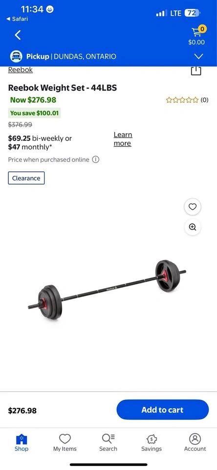 Reebok Weight Set 44lbs with Bar and Weights