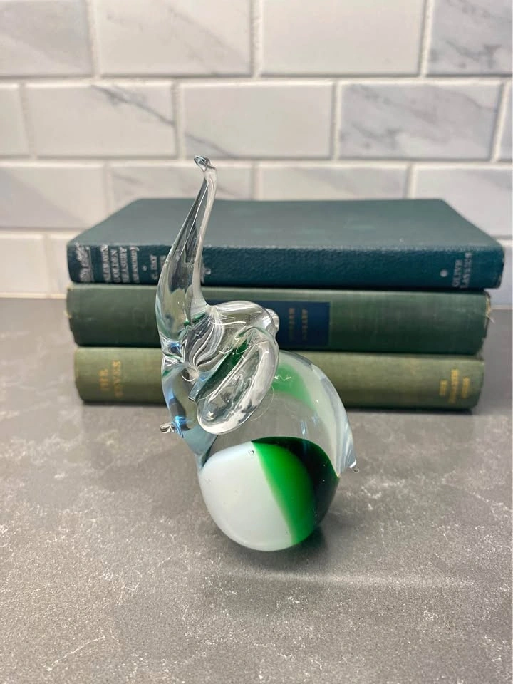 Green and White Glass Elephant Figurine
