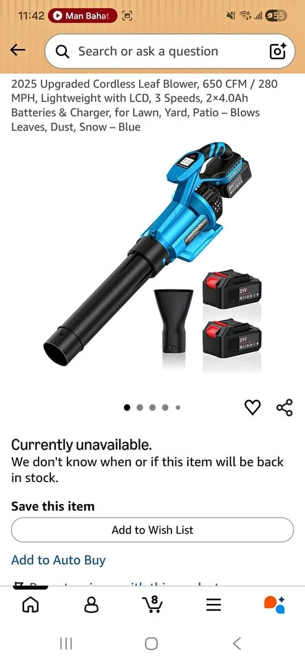 Cordless Leaf Blower 650 CFM 280 MPH with 2 Batteries