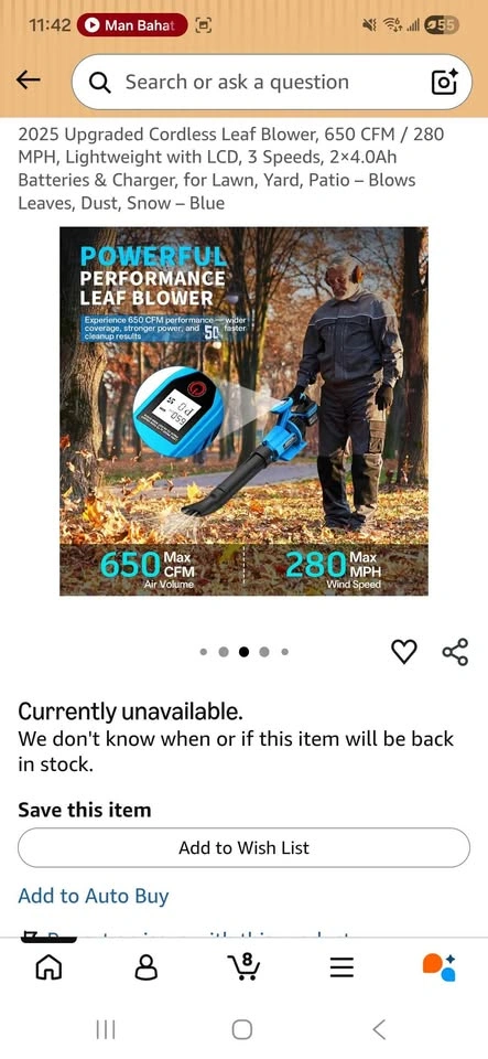 Cordless Leaf Blower 650 CFM 280 MPH with 2 Batteries - photo 3