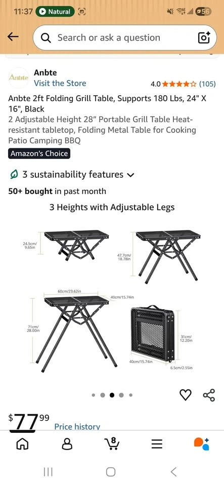 Anbte 2ft Folding Grill Table, 24" x 16", Adjustable Height - photo 3