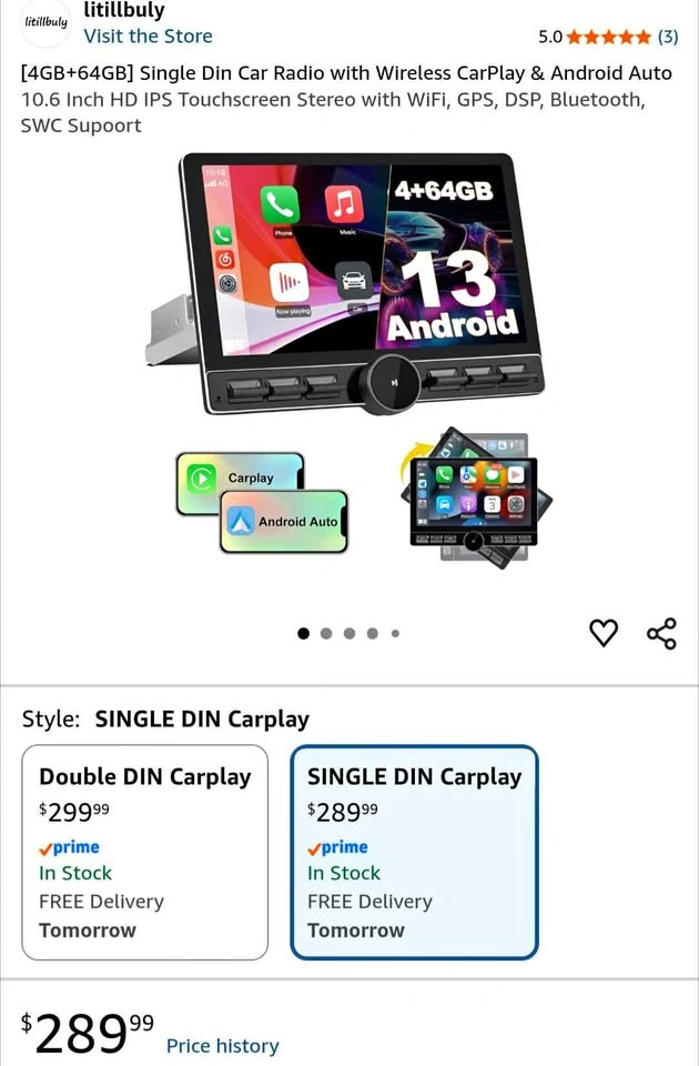 Single DIN 10 inch Touchscreen CarPlay Android Auto Stereo - New
