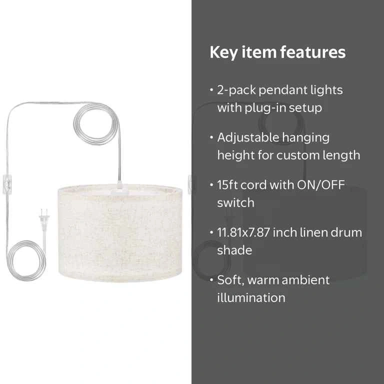 2 Pack Plug in Pendant Light, Hanging Light with 15Ft Clear Cord - photo 2