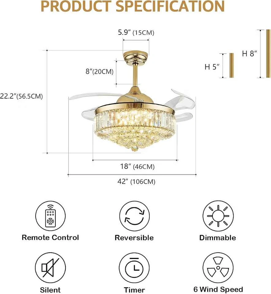42" Gold Crystal Ceiling Fan with Light - photo 2