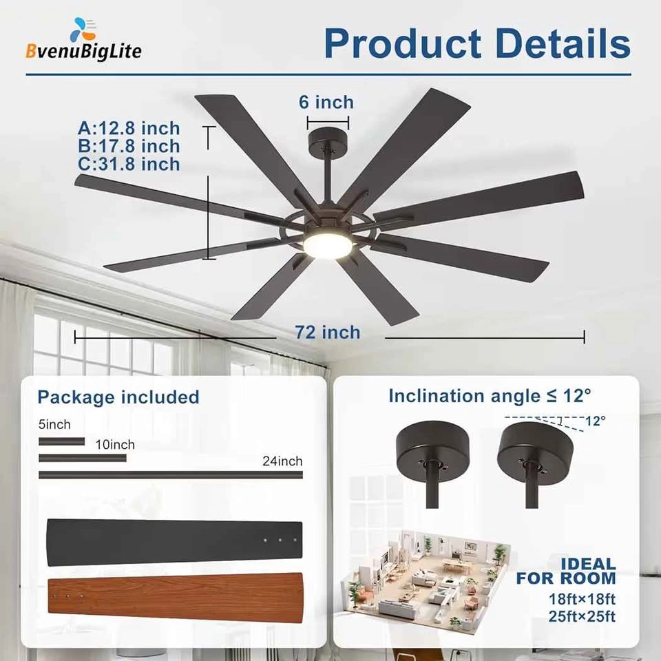 BvenuBigLite 72 Inch Large Ceiling Fan with Light - photo 4