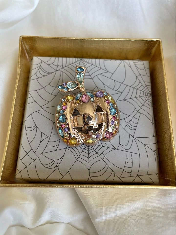 Betsey Johnson Crystal Pumpkin Jack-O-Lantern Brooch