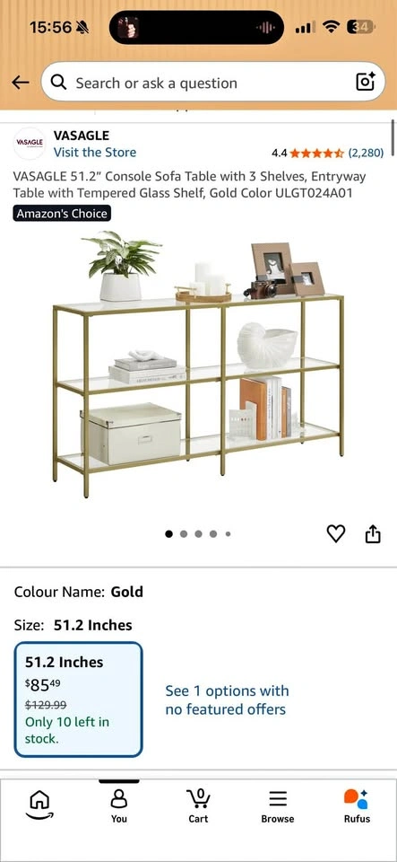 VASAGLE 51.2" Console Sofa Table with 3 Shelves