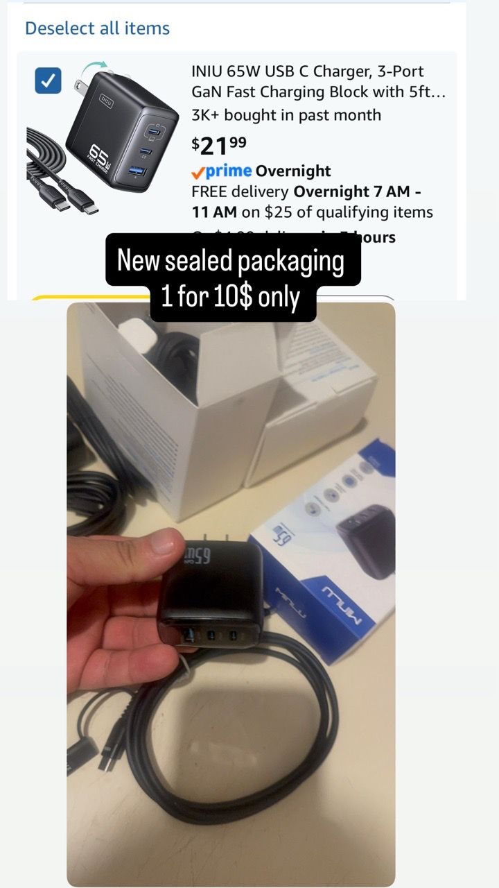 65W USB C Charger 3-Port GaN Fast Charging Block with Cable
