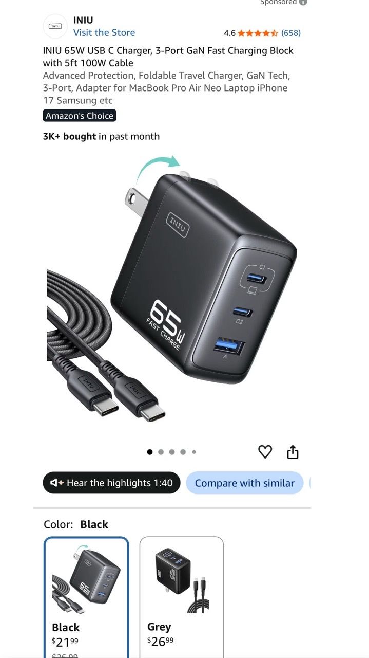 65W USB C Charger 3-Port GaN Fast Charging Block with Cable - photo 2