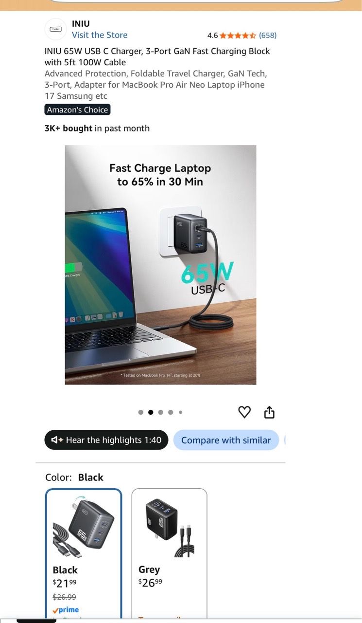 65W USB C Charger 3-Port GaN Fast Charging Block with Cable - photo 5