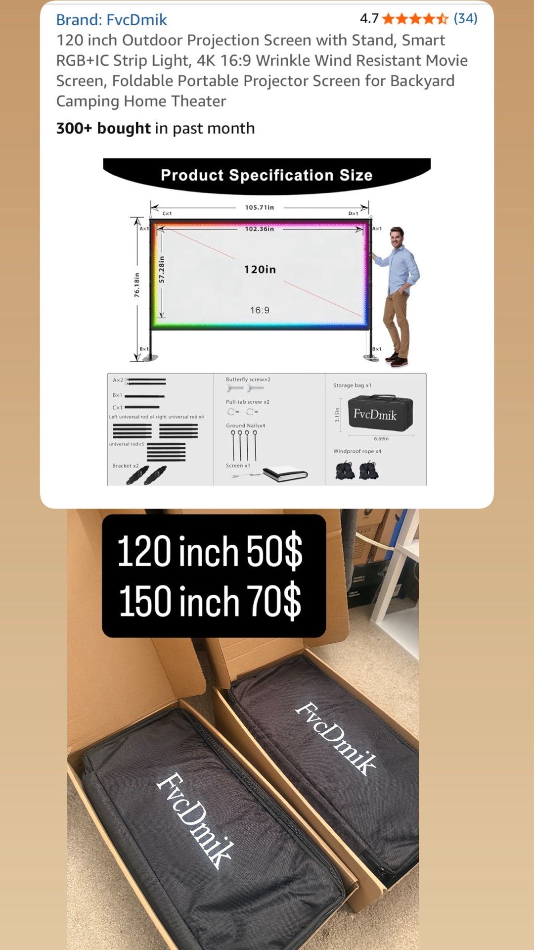 120 inch Projector Screen with Stand, 4K HD Portable Screen