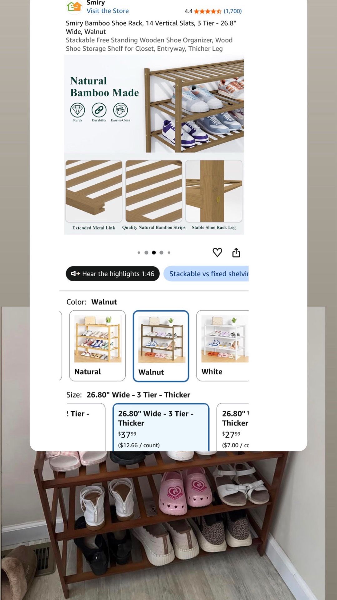 Bamboo Shoe Rack, 3 Tier, 26.8" Wide, Walnut Stackable - photo 3
